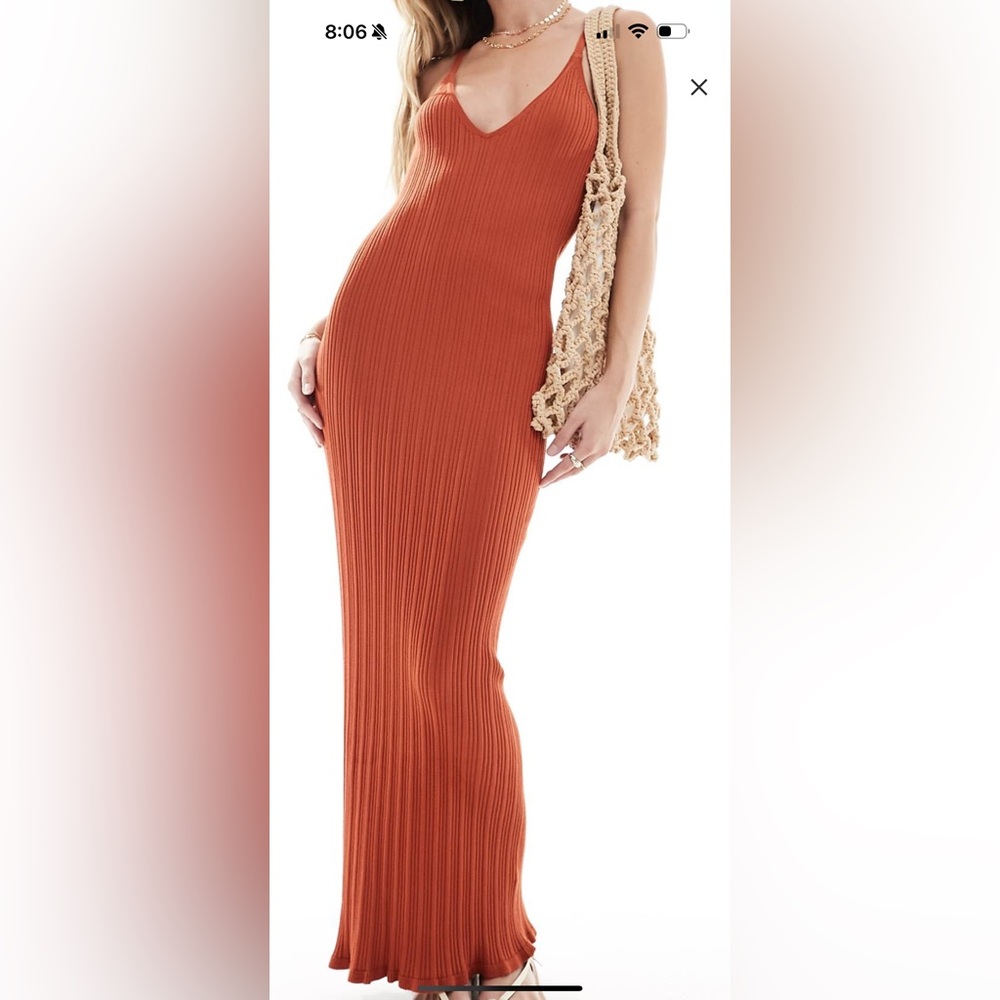 knit strappy v neck midaxi dress in terracotta